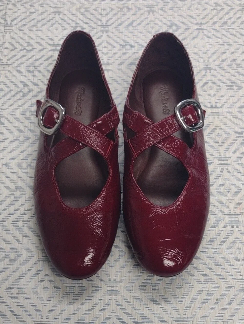 Women's Burgundy Mary Jane Flats with Decorative Buckle
